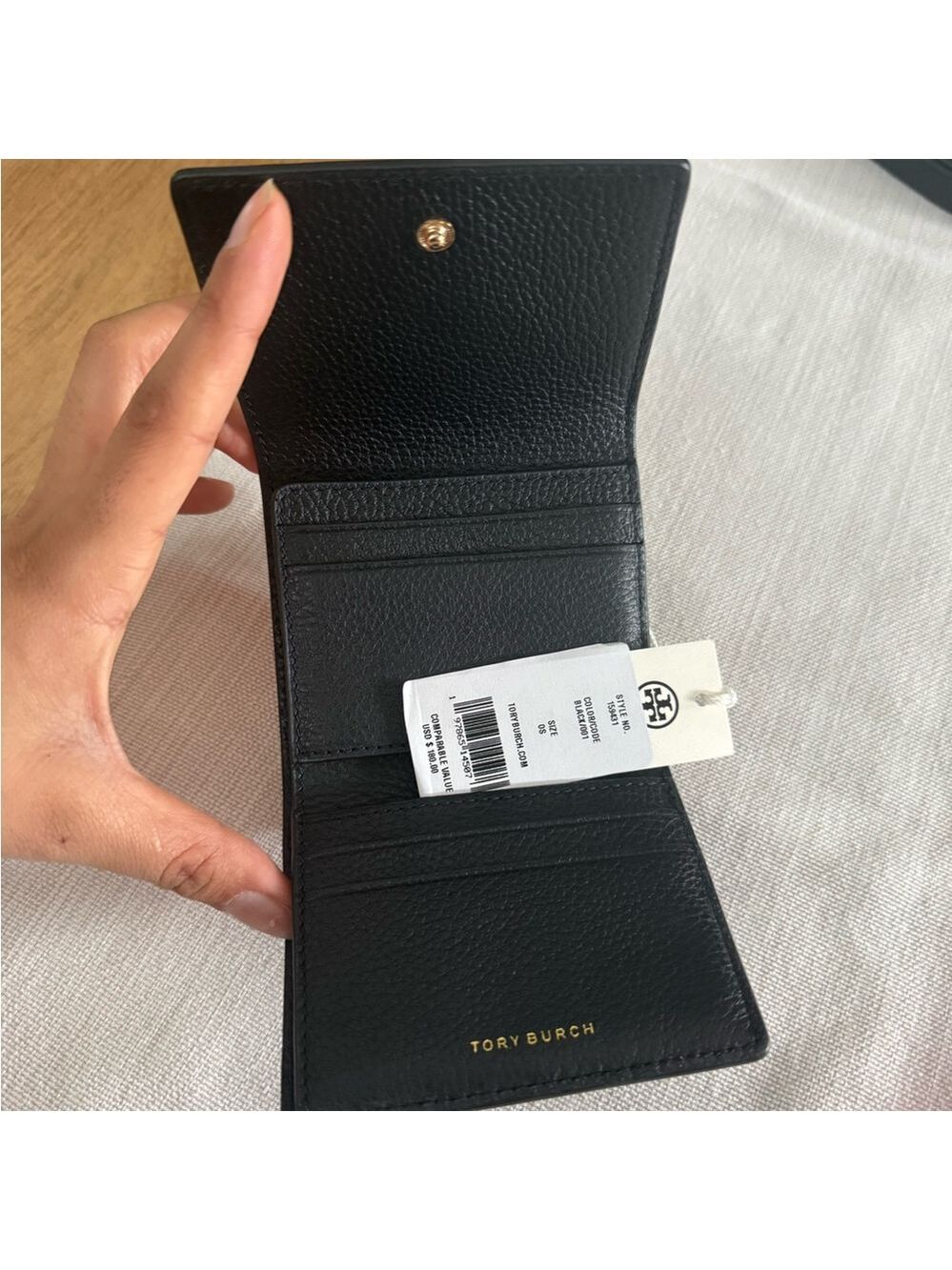 New Tory Burch Britten Compact Pebbled Leather Wallet in Black - Picture 3 of 5
